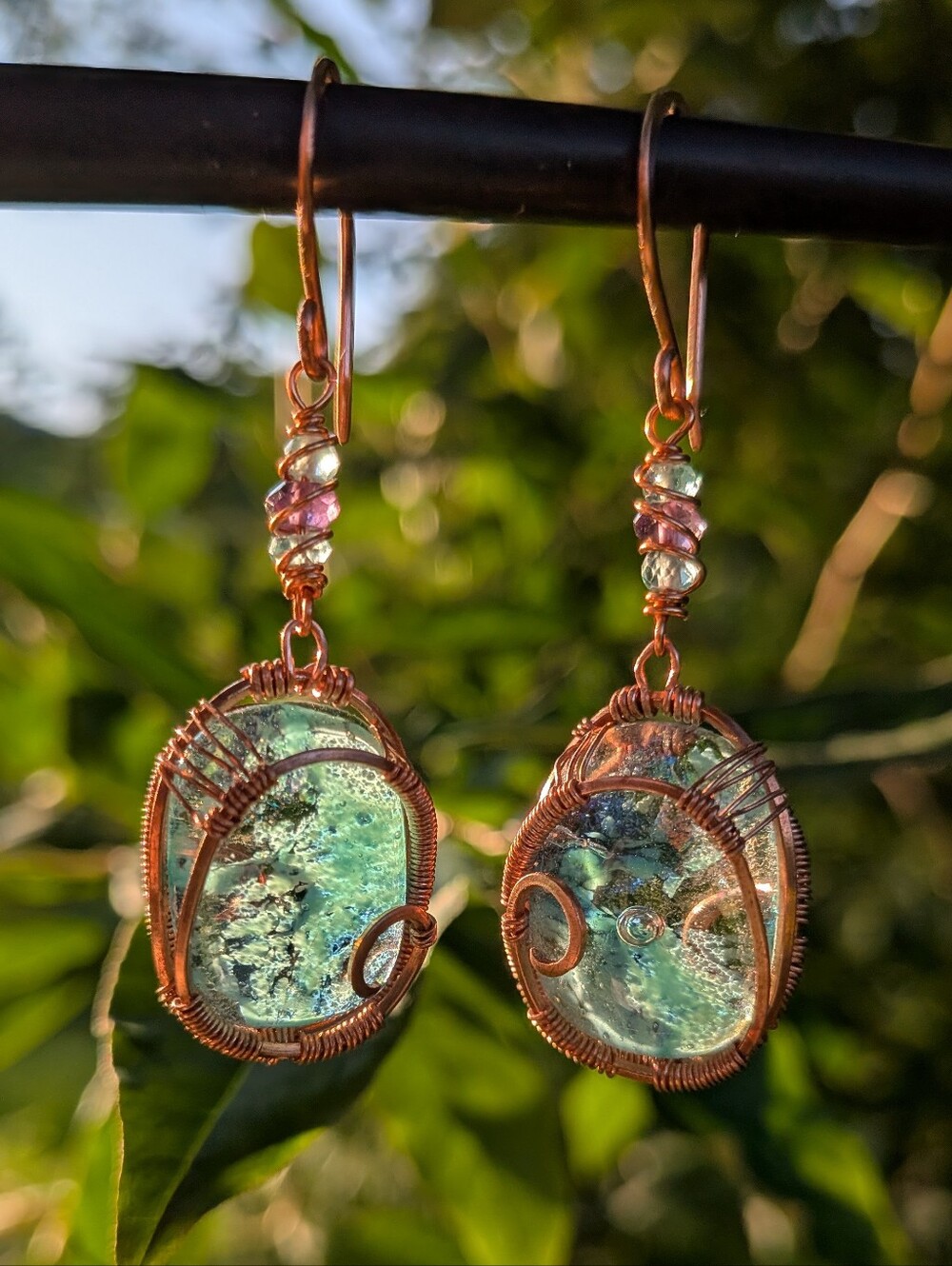 Mermaid Goddess Earrings - Artisan Dichroic Glass with Natural Gems in Copper - Picture 15 of 16